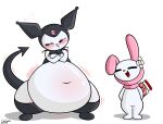  absurd_res animal_humanoid anthro belly_blush blush blush_lines body_blush bottom_heavy cdrspark demon duo female female/female hi_res huge_belly humanoid kuromi lagomorph lagomorph_humanoid leporid leporid_humanoid mammal mammal_humanoid my_melody navel onegai_my_melody pear-shaped_figure rabbit sanrio size_difference thick_thighs wide_hips wobbling 
