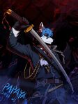  2023 anthro black_sclera blue_hair canid clothed clothing dated dipstick_ears fur glass_shards gloves grey_body grey_fur hair handwear hi_res holding_object holding_sword holding_weapon inner_ear_fluff looking_at_viewer male mammal melee_weapon multicolored_ears papayafurry red_eyes short_hair signature simple_background smoke solo striped_ears sword tuft weapon white_body white_fur white_inner_ear_fluff 