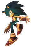  1boy animal_ears animal_nose blue_fur closed_mouth full_body furry furry_female furry_male gloves gold_trim green_eyes hedgehog hedgehog_ears hedgehog_tail icen-hk leg_up looking_at_viewer male_focus red_footwear shoes simple_background smile sneakers socks solo sonic_(series) sonic_the_hedgehog tail white_background white_gloves white_socks 