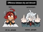  2girls ahoge asticassia_school_uniform dark-skinned_female dark_skin difference_between_shy_and_introvert_(meme) double_middle_finger eggtempest english_text flying_sweatdrops grey_eyes grey_hair gundam gundam_suisei_no_majo looking_at_viewer meme middle_finger miorine_rembran multiple_girls nervous red_hair school_uniform suletta_mercury thick_eyebrows 