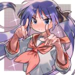  1girl black_ribbon blush closed_mouth hair_ribbon highres hiiragi_kagami long_hair long_sleeves looking_at_viewer lucky_star neckerchief nose_blush parted_bangs puffy_long_sleeves puffy_sleeves purple_eyes purple_hair red_neckerchief red_sailor_collar ribbon sailor_collar school_uniform serafuku shirt sofa_(enogunomu) solo tears twintails upper_body v-shaped_eyebrows very_long_hair white_shirt 