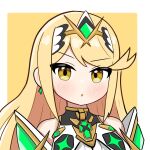  1girl :o bare_shoulders blonde_hair blush brown_background brown_eyes commentary_request dress headpiece highres long_hair looking_at_viewer mythra_(xenoblade) parted_lips plum_ssbu solo two-tone_background upper_body v-shaped_eyebrows white_background white_dress xenoblade_chronicles_(series) xenoblade_chronicles_2 