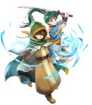  1boy 1girl belt book boots brown_hair child dress female_child fire_emblem fire_emblem:_the_blazing_blade fire_emblem_heroes full_body green_eyes grey_hair hair_between_eyes high_ponytail highres hood jewelry knee_boots long_hair lyn_(fire_emblem) magic male_child mark_(fire_emblem:_the_blazing_blade) necklace non-web_source official_art open_mouth ponytail sheath shoes short_dress short_hair short_sleeves shorts smile sword teeth transparent_background turtleneck upper_teeth_only vambraces wada_sachiko weapon 