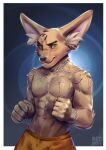  abs anthro biceps bottomwear boxing bracelet canid canine clothed clothing digital_media_(artwork) fennec fighting_pose fox fur gem half-length_portrait half_naked hi_res jewelry long_ears looking_at_viewer male mammal muscular muscular_anthro muscular_male necklace orange_eyes partially_clothed pearl_(gem) pearl_necklace portrait pose redsmock serious shorts simple_background solo solo_focus sport standing tan_body 