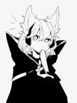  1girl cape closed_mouth dot_mouth earmuffs greyscale hair_between_eyes highres holding looking_at_viewer medium_hair minamia23 monochrome no_nose pointy_hair ritual_baton simple_background solo touhou toyosatomimi_no_miko upper_body 