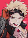  1boy arm_up bakugou_katsuki bangs_pinned_back black_mask blonde_hair blueberry boku_no_hero_academia bright_pupils cactusnabe cake character_name colored_sclera dated eye_mask film_grain fingernails food food_on_face foreground_text fruit furrowed_brow gloves green_gloves grey_sclera hand_up high_collar highres holding holding_cake holding_food looking_at_viewer male_focus mask_lift melting open_collar open_mouth orange_gloves outline pink_background pink_outline portrait red_eyes sanpaku short_hair simple_background single_glove single_wrist_guard smile solo spiked_hair straight-on strawberry_shortcake teeth timestamp tongue tongue_out twitter_username two-tone_gloves upper_teeth_only v-shaped_eyebrows white_outline white_pupils 