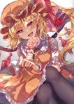  1girl :d absurdres adapted_costume ascot ayatsuki_sugure black_pantyhose blonde_hair blurry bow candy commentary_request crystal depth_of_field eyes_visible_through_hair fang feet_out_of_frame flandre_scarlet food gradient_background grey_background hair_between_eyes hair_bow hat highres light_blush lollipop looking_at_viewer medium_hair mob_cap one_side_up orange_headwear orange_skirt orange_vest pantyhose petticoat red_bow simple_background skin_fang skirt smile solo touhou vest wings yellow_ascot 