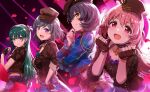  4girls absurdres akazaki_kokoro ayano_yuu_(sonma_1426) beret blue_eyes blue_shirt blush bob_cut breasts brown_gloves brown_headwear brown_shirt closed_mouth collarbone darkness_sympathizer_(idoly_pride) dot_nose earrings fingerless_gloves from_side gloves green_hair grey_hair hair_between_eyes half_updo hand_on_own_chin hat headwear_request heart_pendant highres idoly_pride igawa_aoi jewelry kanzaki_rio komiyama_ai liznoir long_bangs long_hair long_sleeves looking_at_viewer medium_breasts multiple_girls one_side_up open_mouth orange_eyes pink_eyes pink_hair puffy_long_sleeves puffy_sleeves purple_eyes raised_eyebrows shirt short_hair sidelocks small_breasts smile smirk straight_hair stud_earrings upper_body 