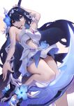  1girl asc11 bare_shoulders black_hair blue_eyes blue_flower blue_hair blue_nails breasts chinese_commentary closed_mouth dress flower hair_between_eyes hair_flower hair_ornament highres holding holding_scythe holding_weapon honkai_(series) honkai_impact_3rd long_hair looking_at_viewer medium_breasts scythe seele_vollerei seele_vollerei_(herrscher_of_rebirth) simple_background sleeveless sleeveless_dress smile solo thighs underboob very_long_hair weapon white_background white_dress 