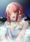  1girl breasts chest_jewel highres large_breasts looking_at_viewer naked_towel night night_sky onsen open_mouth pyra_(xenoblade) red_eyes red_hair short_hair sky slope_(check238) smile solo star_(sky) teeth tiara towel upper_body upper_teeth_only wet xenoblade_chronicles_(series) xenoblade_chronicles_2 