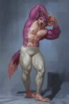  2023 abs anthro barazoku barefoot biceps big_muscles bottomwear canid canine canis claws clothed clothing dated feet fur grey_background hi_res huge_muscles humanoid_feet looking_at_viewer male mammal muscular muscular_anthro muscular_male navel nipples obliques painterly pants pecs plantigrade quads serratus shadow signature simple_background solo standing stretching sweatpants taran_fiddler thick_thighs tight_bottomwear tight_clothing tight_pants topless topless_anthro topless_male triceps tuft wolf 