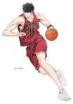  1boy armband ball basketball_(object) basketball_jersey basketball_uniform bishounen black_armband black_eyes black_hair dribbling_(basketball) full_body highres holding holding_ball korean_text looking_ahead male_focus no11xno10 red_shorts red_tank_top rukawa_kaede running short_hair shorts slam_dunk_(series) solo sportswear tank_top toned toned_male translation_request white_background white_sneakers 