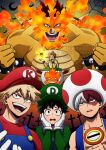  0ksiri0 5boys bakugou_katsuki blonde_hair boku_no_hero_academia bowser bowser_(cosplay) bowser_jr. bowser_jr._(cosplay) burn_scar clenched_hands commentary_request cosplay cross endeavor_(boku_no_hero_academia) fire fire_flower freckles gloves green_eyes green_hair green_headwear green_shirt hands_on_own_face hat highres holding long_sleeves luigi luigi_(cosplay) male_focus mario mario_(cosplay) mario_(series) multicolored_hair multiple_boys official_style open_mouth overalls red_eyes red_hair red_headwear red_shirt scar scar_on_face shirt short_hair smile spiked_hair split-color_hair teeth toad_(mario) toad_(mario)_(cosplay) upper_body watermark white_gloves white_hair 
