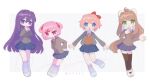  :d :o anzen_robo_(474zz) blue_eyes blue_skirt bow breasts brown_hair brown_sweater_vest buttons closed_mouth collared_shirt doki_doki_literature_club flat_chest full_body green_eyes grey_jacket hair_between_eyes hair_bow hair_intakes hair_ornament hair_ribbon hairclip hand_on_own_chest hands_on_own_hips heart highres jacket large_breasts long_hair looking_at_viewer medium_breasts monika_(doki_doki_literature_club) multiple_girls natsuki_(doki_doki_literature_club) open_clothes open_jacket open_mouth pink_eyes pink_hair pleated_skirt ponytail purple_eyes purple_hair ribbon sayori_(doki_doki_literature_club) school_uniform shirt skirt smile socks sweater_vest twitter_username white_footwear white_ribbon white_shirt white_socks x_hair_ornament yuri_(doki_doki_literature_club) 