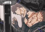  1boy abs absurdres bannriishi bara black_hair doudanuki_masakuni faceless faceless_male highres holding holding_sword holding_weapon large_pectorals male_focus midriff_sarashi muscular muscular_male nagatekkou nipples pectorals sarashi scar scar_on_cheek scar_on_face scar_on_nose sheath sheathed short_hair solo sword touken_ranbu weapon 