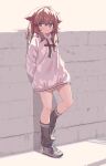  1girl absurdres against_wall aoi_tori blurry blush brown_hair closed_mouth commentary_request depth_of_field full_body grey_socks hair_between_eyes hair_ears hands_in_pockets highres hood hood_down hoodie long_sleeves looking_at_viewer loose_socks medium_hair messy_hair no_pants original purple_eyes shadow shoes sneakers socks solo white_hoodie 