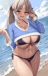  1girl absurdres bare_legs beach bikini black_bikini blue_archive blue_sky blue_sweater blush breasts brown_eyes brown_hair cleavage cloud collarbone cowboy_shot curvy day dutch_angle halo highres horizon huge_breasts long_hair long_sleeves looking_at_viewer moe_(blue_archive) moe_(swimsuit)_(blue_archive) mua_(mua_pb) navel ocean open_mouth outdoors side-tie_bikini_bottom sky smile solo standing stomach sweater swimsuit teeth thighs twintails underboob upper_teeth_only variant_set wet 