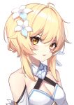  1girl absurdres blonde_hair blush breasts cleavage dress flower genshin_impact hair_flower hair_ornament highres iznal looking_at_viewer lumine_(genshin_impact) medium_breasts parted_lips portrait scarf simple_background solo white_background white_dress white_flower white_scarf yellow_eyes 