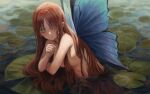  1girl absurdres blush breasts brown_hair butterfly_wings closed_mouth commentary english_commentary gold_can green_eyes highres lily_pad long_hair looking_at_viewer medium_breasts original partially_submerged solo topless very_long_hair water wings 