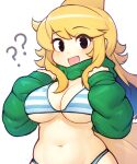  1girl ? ?? absurdres apricot_(d-floe) black_eyes blonde_hair blue_bra blue_panties blush bra breasts cleavage d-floe fins green_hoodie head_fins highres hood hoodie long_hair long_sleeves looking_at_viewer medium_breasts multicolored_bra multicolored_clothes navel open_mouth original panties shark_girl smile solo striped striped_bra undersized_clothes underwear upper_body white_bra 