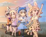  4girls animal_ears blonde_hair bow bowtie brown_eyes brown_hair cardigan crab-eating_raccoon_(kemono_friends) elbow_gloves extra_ears gloves grey_hair hat highres hikari_(kemono_friends) kemono_friends kemono_friends_3 kneehighs large-spotted_genet_(kemono_friends) multiple_girls nature outdoors pantyhose ribbon rueppell&#039;s_fox_(kemono_friends) shirt shoes skirt socks tail yellow_eyes zzz_ansh 