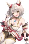  1girl absurdres animal_ears blush breasts cat_ears cleavage core_crystal_(xenoblade) fangs gold_trim gonzarez highres looking_at_viewer mio_(xenoblade) simple_background solo white_background white_hair xenoblade_chronicles_(series) xenoblade_chronicles_3 yellow_eyes 