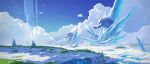  1other blue_sky cloud commentary cyclecircle day english_commentary facing_away fantasy field forest grass highres ice landscape monster moon nature original outdoors scenery shadow sky snow solo standing star_(sky) starry_sky sunlight tree wide_shot 