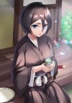  1girl black_hair black_kimono bleach blue_eyes cup flower hair_between_eyes highres holding holding_cup japanese_clothes kimono kuchiki_rukia long_sleeves looking_at_viewer maya_nishino open_mouth plate sash short_hair sitting solo white_sash wide_sleeves 