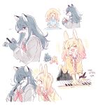  2girls :3 :d apple black_skirt blonde_hair blue_hair blush buck_teeth bumgae cardigan collared_shirt food fruit furry furry_female grey_serafuku grey_shirt highres hoshino_ichika_(project_sekai) instrument jacket keyboard_(instrument) knife long_hair miyamasuzaka_girls&#039;_academy_school_uniform multiple_girls neckerchief necktie open_mouth pajamas project_sekai rabbit_girl red_neckerchief red_necktie sailor_collar school_uniform serafuku shirt simple_background skirt smile tears teeth tenma_saki twintails white_background white_sailor_collar white_shirt wolf_girl yellow_cardigan yellow_fur yellow_jacket 