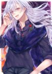  1boy aina black_shirt blurry blurry_background collared_shirt fate/grand_order fate_(series) floral_print hair_between_eyes long_hair looking_at_viewer male_focus merlin_(camelot_&amp;_co)_(fate) merlin_(fate) official_alternate_costume outdoors purple_eyes purple_scarf scarf shirt signature sleeves_rolled_up smile solo very_long_hair white_hair 