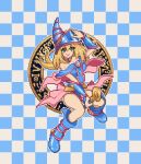  1girl arm_guards arm_up blonde_hair blue_footwear blue_headwear blush_stickers boots breasts checkered_background cleavage commentary dark_magician_girl dress duel_monster full_body green_eyes hair_between_eyes hat holding holding_staff long_hair looking_at_viewer magic_circle nokia_yan off-shoulder_dress off_shoulder open_mouth pixel_art solo staff teeth upper_teeth_only wizard_hat yu-gi-oh! 