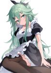  1girl alternate_costume apron black_dress black_ribbon black_thighhighs blush braid breasts closed_mouth collarbone dress enmaided fathom frilled_apron frilled_dress frills green_eyes green_hair hair_ribbon highres kantai_collection long_hair looking_at_viewer maid maid_apron medium_breasts ponytail puffy_short_sleeves puffy_sleeves ribbon short_sleeves simple_background solo thighhighs twin_braids waist_apron white_apron white_background yamakaze_(kancolle) 