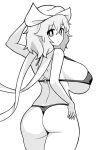  1girl ass bad_id bad_twitter_id bikini breasts bright_pupils closed_mouth from_behind greyscale hat huge_breasts letty_whiterock looking_at_viewer micro_bikini monochrome o-ring o-ring_top onkn_sxkn scarf short_hair simple_background solo swimsuit touhou 