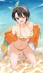  1girl ;d aqua_eyes bare_shoulders barefoot beach bikini black_hair bow breasts cleavage collarbone drawstring full_body hair_bow hands_up highres hololive jacket kneeling large_breasts leaning_forward looking_at_viewer lower_teeth_only navel one_eye_closed oozora_subaru open_clothes open_jacket open_mouth parted_lips polka_dot polka_dot_bow profnote smile solo stomach striped striped_bikini swimsuit teeth thighs virtual_youtuber water 