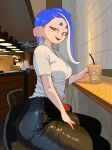  1girl asymmetrical_hair black_pants blue_hair breasts chair cup ear_piercing eyeliner hand_on_own_thigh highres indoors leather leather_pants looking_at_viewer looking_to_the_side makeup medium_breasts pants piercing red_eyes shirt shiver_(splatoon) sitting smile solo splatoon_(series) splatoon_3 tentacle_hair yuta_agc 