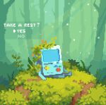  adventure_time animate_object arkhai2 bmo commentary d-pad day dialogue_options dirt english_text faceless forest game_boy grass handheld_game_console highres jungle leaf light_particles light_rays monitor nature no_humans on_grass on_ground outdoors pixel_art pixel_text plant sitting sunbeam sunlight tree triangle weeds 