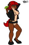  anthro beauty_mark belt bottomless breasts brown_body brown_fur capara_the_kyrii card clothed clothing eyeshadow female footwear fur genitals hair high_heels jacket jumpstart_games kyrii lendri_mujina makeup neopet_(species) neopets nipples open_clothing open_jacket open_topwear partially_clothed playing_card pussy red_hair solo topwear 