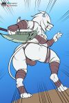  absurd_res angry anthro axe barbarian bulge butt clothing fours_(artist) fur gloves green_eyes gynomorph handwear hi_res intersex solo topwear tube_top turning_around vargas_(fours) warg_(fours) white_body white_fur 