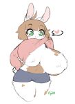  &lt;3 2021 anthro big_breasts blush bottomwear breasts brown_body brown_fur brown_hair cherrypretzel clothed clothing clothing_lift featureless_breasts female fur green_eyes hair hi_res huge_breasts lagomorph leporid mammal midriff multicolored_body multicolored_fur rabbit shirt shirt_lift shorts signature simple_background solo speech_bubble text thick_thighs topwear white_body white_fur wide_hips 