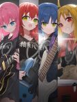  4girls absurdres backlighting bass_guitar black_shirt blonde_hair blue_hair blush bocchi_the_rock! column_lineup drum electric_guitar gotoh_hitori guitar highres holding holding_plectrum ijichi_nijika instrument kita_ikuyo mole mole_under_eye multiple_girls music pink_hair playing_instrument plectrum print_shirt red_hair sentter shirt sweatdrop yamada_ryo 