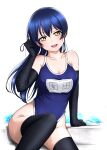  1girl absurdres black_gloves black_thighhighs blue_hair blue_one-piece_swimsuit breasts cleavage commentary_request competition_school_swimsuit cowboy_shot elbow_gloves gloves highleg highleg_swimsuit highres long_hair looking_at_viewer love_live! love_live!_school_idol_project medium_breasts name_tag one-piece_swimsuit open_mouth school_swimsuit sitting solo sonoda_umi surv1v3-13005993 swept_bangs swimsuit teeth thighhighs upper_teeth_only wet wet_clothes wet_swimsuit white_background yellow_eyes 