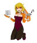  anthro blonde_hair bunny_costume cd clothing costume female fur hair jewel_case kneeling lagomorph leporid low_poly mammal musical_note orange_body orange_fur purple_eyes rabbit solo solo_focus tangobunny v--r 