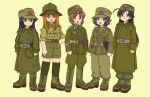  5girls :d afrika_korps ahoge akiyama_yukari arm_at_side arms_at_sides badge bangs belt belt_buckle black_eyes black_hair black_ribbon blunt_bangs boots breast_pocket brown_belt brown_eyes brown_footwear brown_hair brown_pants buckle buttons chin_strap closed_mouth coat collar_tabs collared_coat collared_shirt commentary_request cross cross-laced_footwear cuff_title epaulettes full_body garrison_cap german_text girls_und_panzer green_belt green_coat green_footwear green_headwear green_jacket green_necktie green_pants green_shorts green_socks hand_on_hip hat hat_ornament helmet holster insignia iron_cross isuzu_hana jacket lapels long_hair long_sleeves looking_at_viewer m43_field_cap messy_hair military military_hat military_jacket military_uniform multicolored_ribbon multiple_girls necktie nishizumi_miho open_mouth orange_hair pants pants_tucked_in partial_commentary pith_helmet pocket red_ribbon reichsadler reizei_mako ribbon shirt short_hair shorts simple_background sleeves_past_elbows sleeves_past_wrists sleeves_rolled_up smile socks standing takebe_saori two-tone_footwear uniform white_ribbon world_war_ii yasu_(luchs&amp;mardar) 