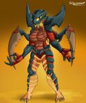  2023 4_fingers 5_toes 6_eyes anthro armor big_breasts blade breasts claws feet female fingers hi_res long_tongue monster multi_eye multicolored_body multicolored_skin open_mouth paladins pose red_body red_skin reptile scalie sharp_teeth simple_background skeletonkid5 solo standing teeth toe_claws toes tongue tusks watermark yagorath_(paladins) yellow_background 