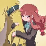  angoramon anthro bandai_namco brown_hair digimon digimon_(species) digimon_ghost_game embrace female fur hair hi_res hug hugging_arm human human_focus kubota_keita lagomorph leporid long_hair male mammal rabbit yellow_body yellow_fur 