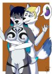 2022 anthro blonde_hair blue_body blue_eyes blue_fur blue_hair blush bottomwear breasts canid canine canis clothing colored digital_drawing_(artwork) digital_media_(artwork) domestic_dog duo embrace female fur genitals gradient_hair grey_body grey_fur hair hi_res hug male male/female mammal multicolored_body natsutheott nipples nude nude_anthro nude_female nude_male open_mouth pinup pose pussy romantic romantic_couple shorts simple_background smile suggestive surprise tail white_body white_fur wolf 