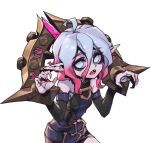 1girl ahoge bags_under_eyes belt black_belt briar_(league_of_legends) colored_sclera detached_sleeves english_commentary fingernails gradient_hair grey_hair hair_between_eyes league_of_legends long_hair looking_at_viewer multicolored_hair no_pupils phantom_ix_row pink_hair pointy_ears red_sclera sharp_fingernails sharp_teeth sidelocks simple_background solo teeth two-tone_hair upper_body upper_teeth_only vampire white_background white_eyes wrist_cuffs 