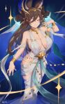  1girl absurdres animal_ears artist_name bare_shoulders blush breasts brown_hair cleavage closed_eyes closed_mouth dress extra_ears feet_out_of_frame fikkyun galleon_(granblue_fantasy) granblue_fantasy hand_up highres horns iatromantis_(granblue_fantasy) large_breasts long_hair multicolored_hair pointy_ears shawl sleeveless sleeveless_dress smile solo sparkle standing streaked_hair white_background wrist_cuffs 