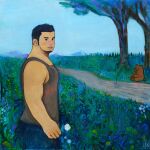  ._. 1boy acrylic_paint_(medium) arms_at_sides bara bare_arms bear beard_stubble black_eyes black_pants blush cub feet_out_of_frame fishing fishing_rod flower from_behind grey_tank_top highres holding holding_fishing_rod holding_flower long_sideburns looking_at_viewer looking_back male_focus mountain muscular muscular_male original painting_(medium) pants pectorals plant pond short_hair sideburns sidepec solo tank_top thick_eyebrows torajiro_art traditional_media tree white_flower 