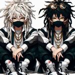  2boys ai-generated air_jordan_1 black_hair dreadlocks greyscale looking_at_viewer monochrome multiple_boys non-web_source shirt shoes white_background white_shirt 